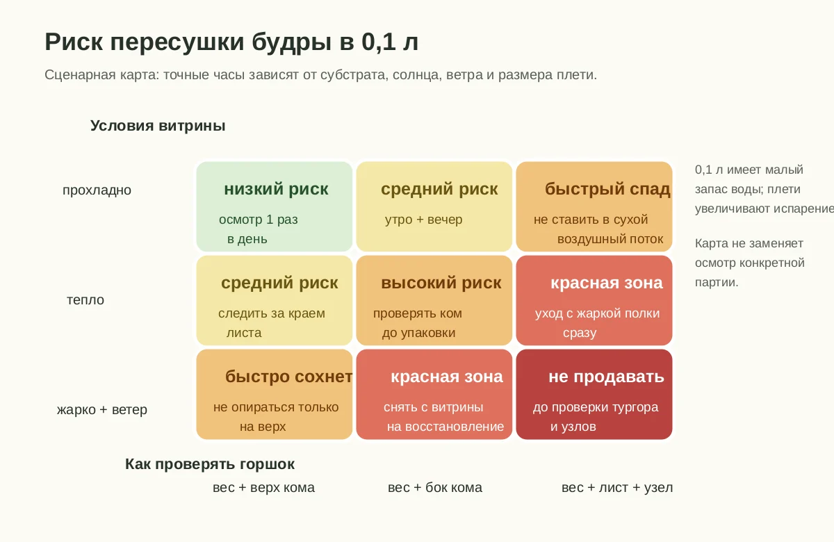 Тепловая карта риска пересушки будры в 0,1 л по условиям витрины и способу проверки