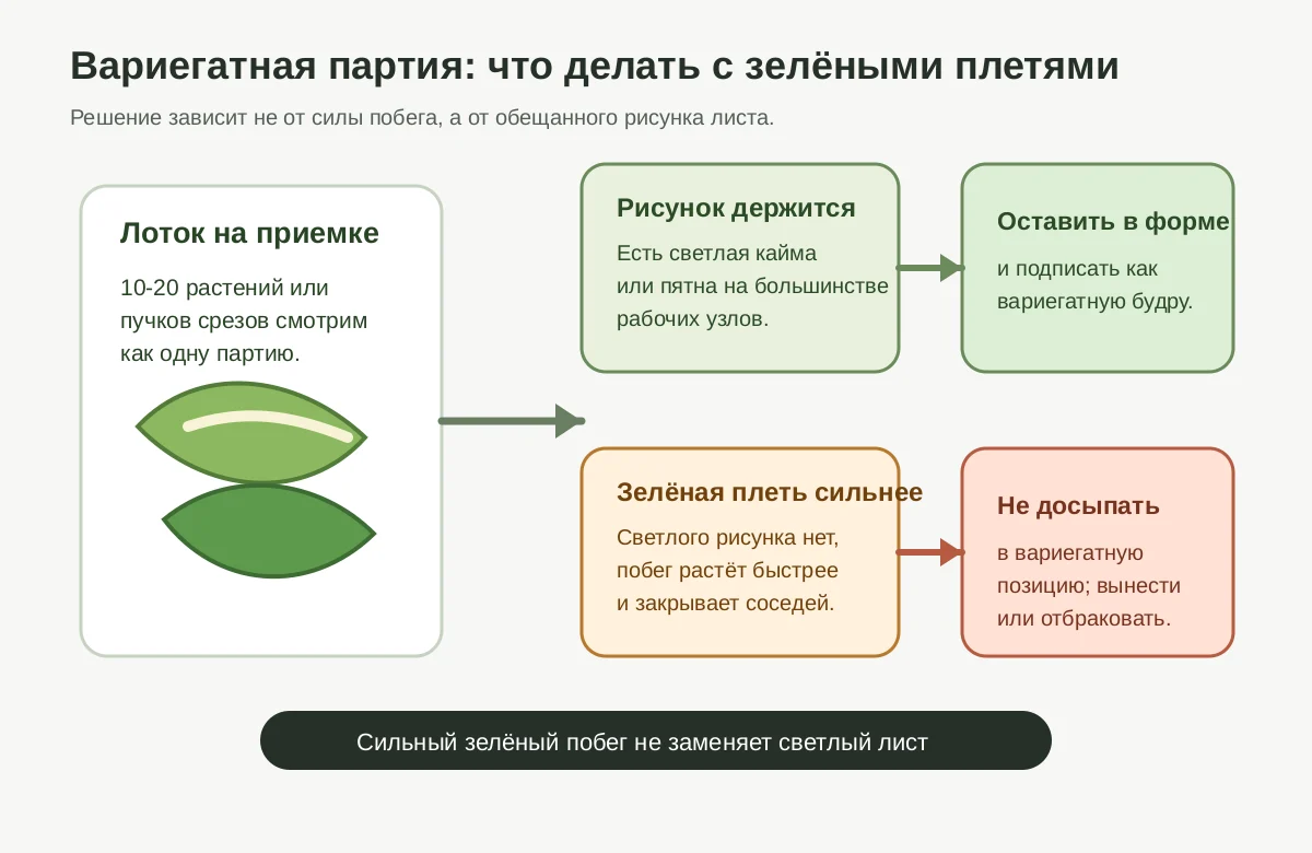 Схема сортировки вариегатной будры: оставить рисунок или вынести зелёную плеть