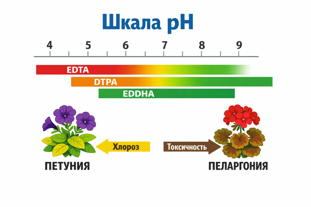 Схема: шкала pH 4–9, окна устойчивости хелатов железа EDTA, DTPA и EDDHA, и две зеркальные группы культур — петуния с хлорозом и пеларгония с токсичностью