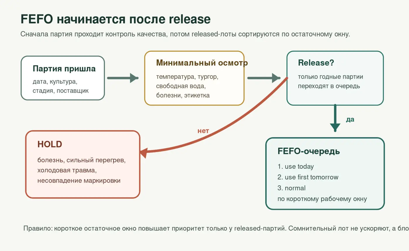Схема FEFO с блокировкой hold перед очередью партии