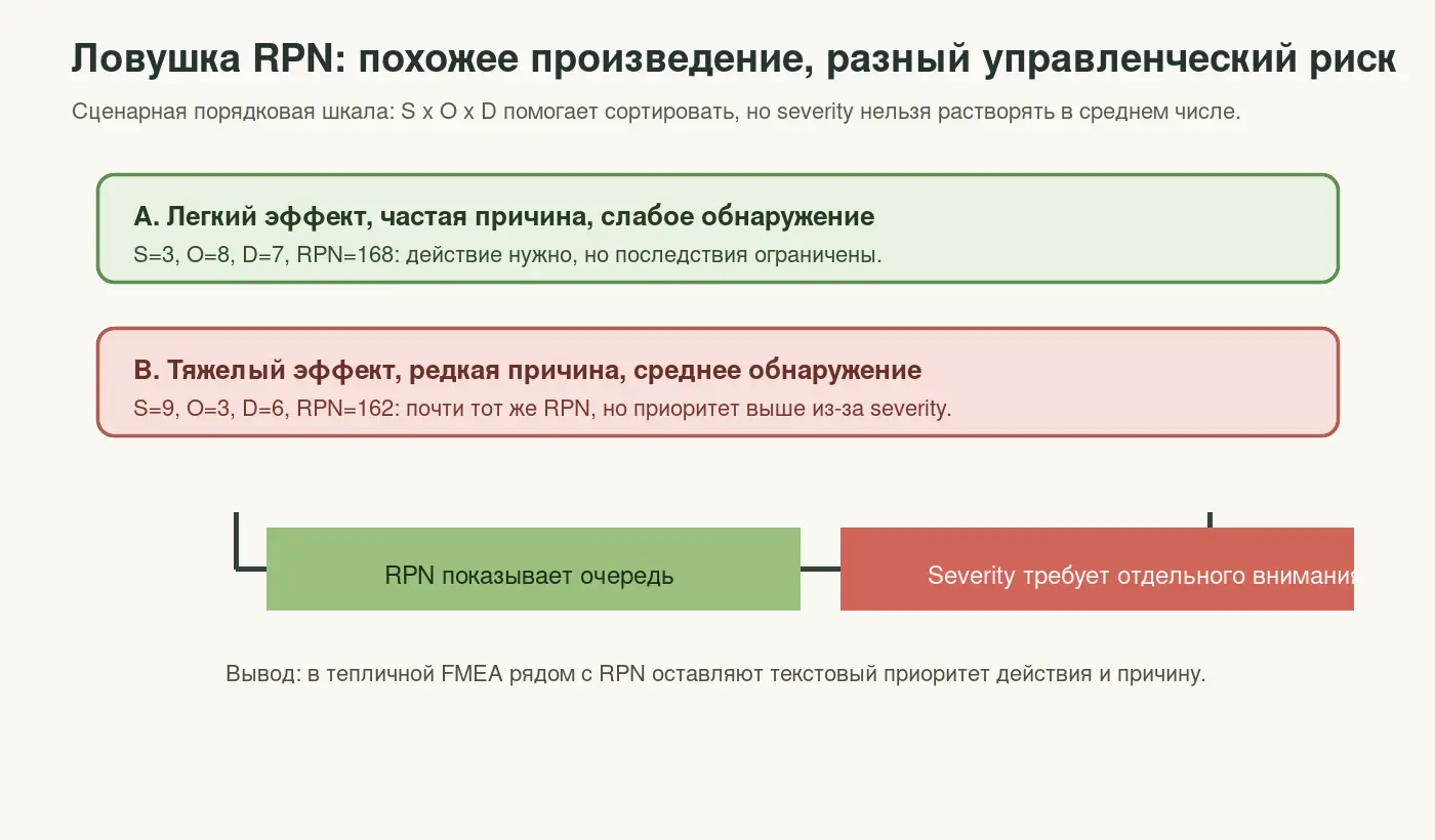 Сравнение строк FMEA, где RPN скрывает разную серьезность последствий