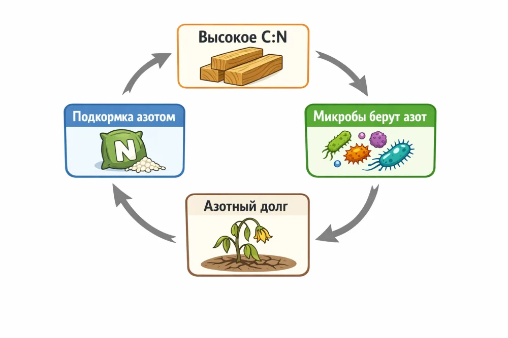 Схема цикла азотной иммобилизации: высокое C:N древесины, микробы берут азот, азотный долг растения, подкормка азотом
