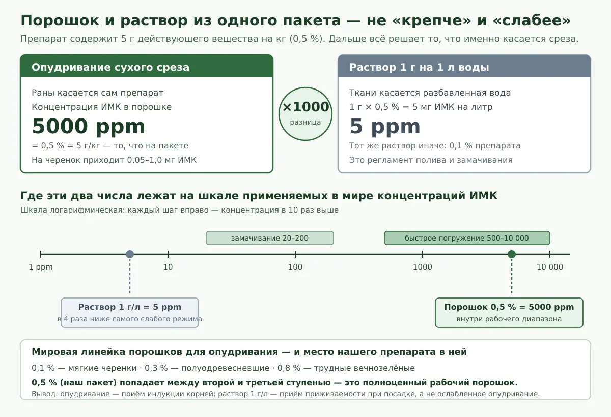 Сравнение концентрации индолилмасляной кислоты при опудривании порошком 0,5 процента и в растворе 1 грамм на литр, на логарифмической шкале мировых режимов