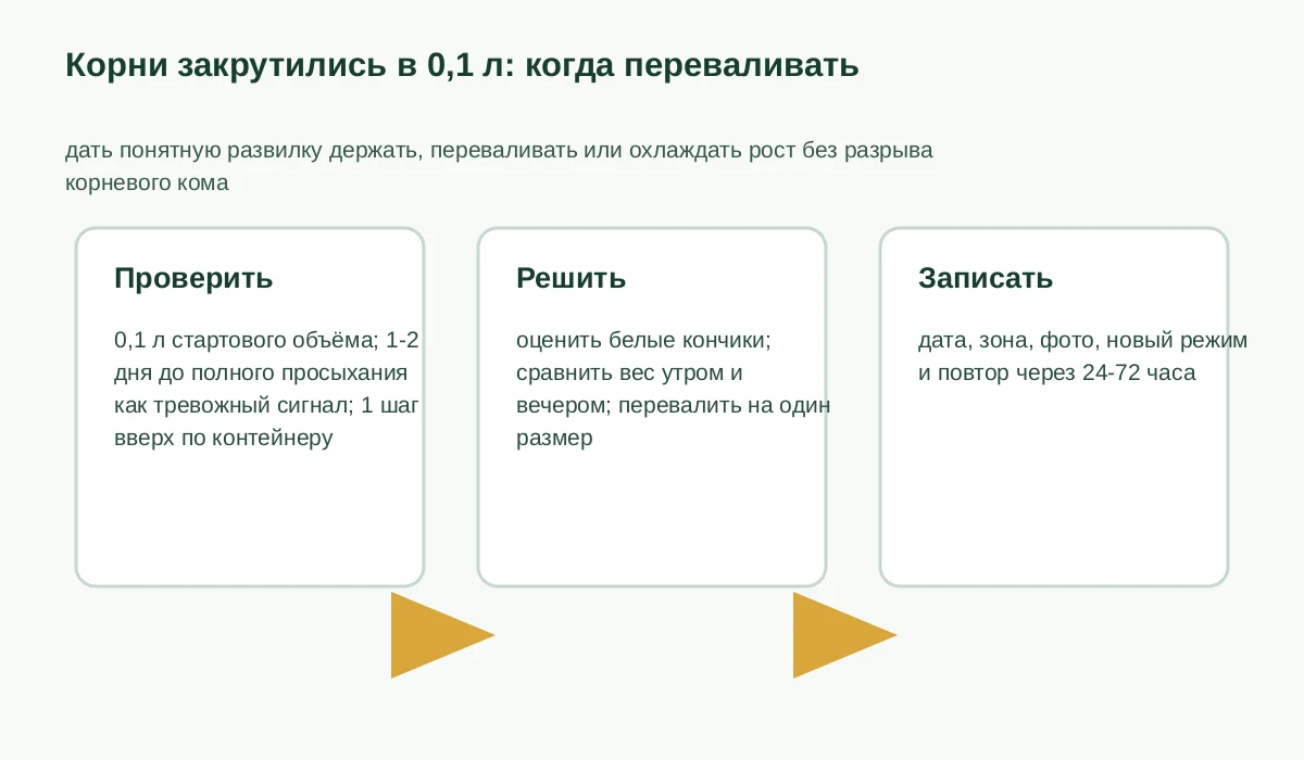 Схема выбора между удержанием, выдачей и перевалкой для растения с закрученными корнями в 0,1 л.