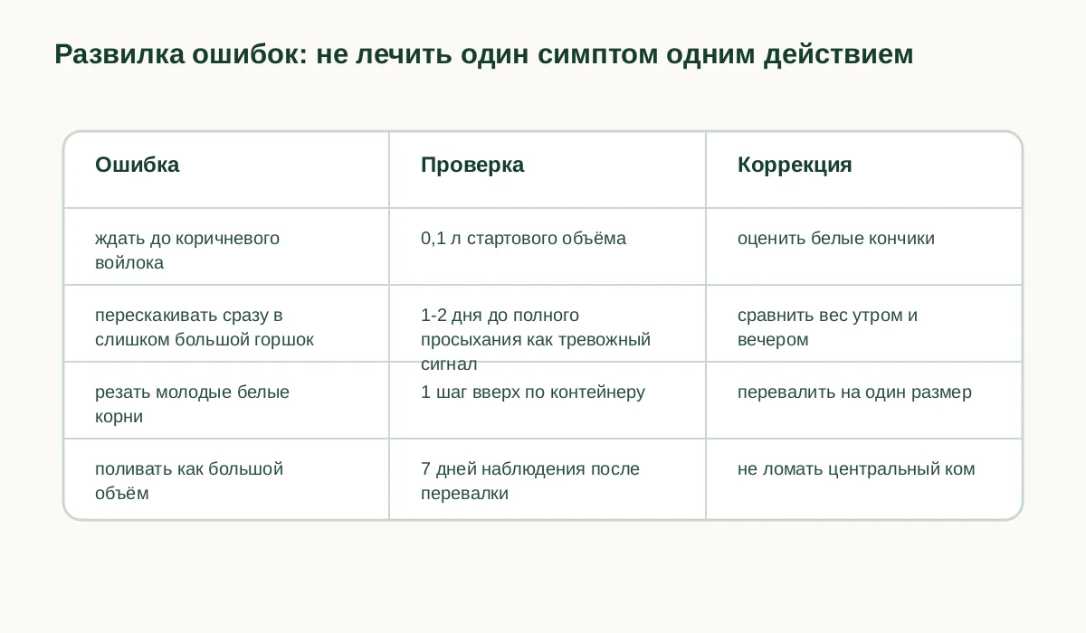 Карта типичных ошибок при закрученных корнях в 0,1 л: позднее ожидание, слишком большой горшок, грубая обрезка и неверный полив.
