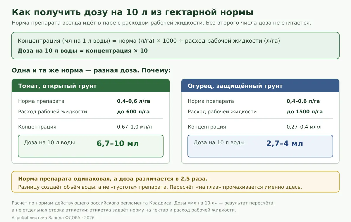 Схема пересчёта гектарной нормы Квадриса в дозу на 10 литров воды через расход рабочей жидкости, с примерами для томата открытого грунта и огурца защищённого грунта