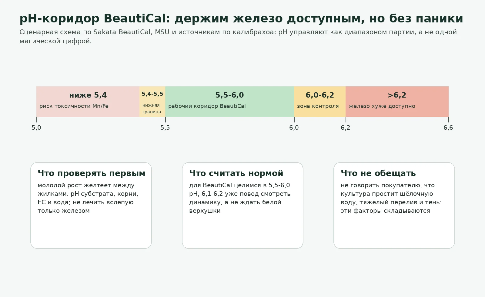 Рабочий коридор pH для петхоа BeautiCal и риск дефицита железа при росте pH