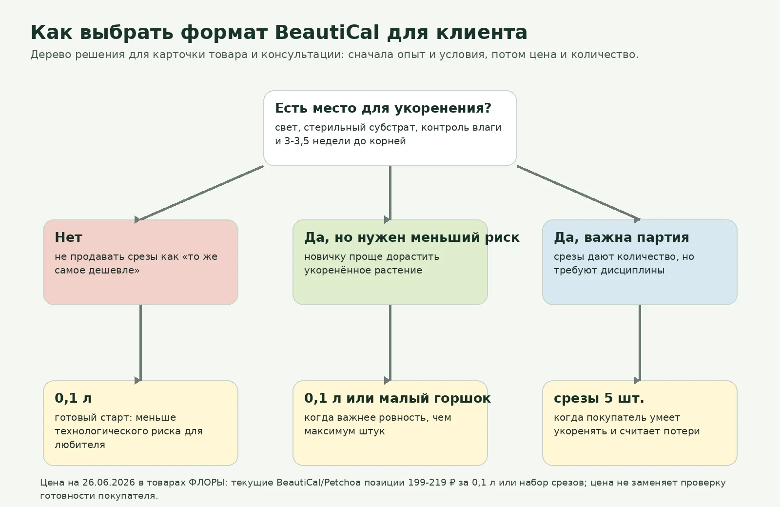 Схема выбора формата продажи петхоа BeautiCal: 0,1 л, срезы или корзина