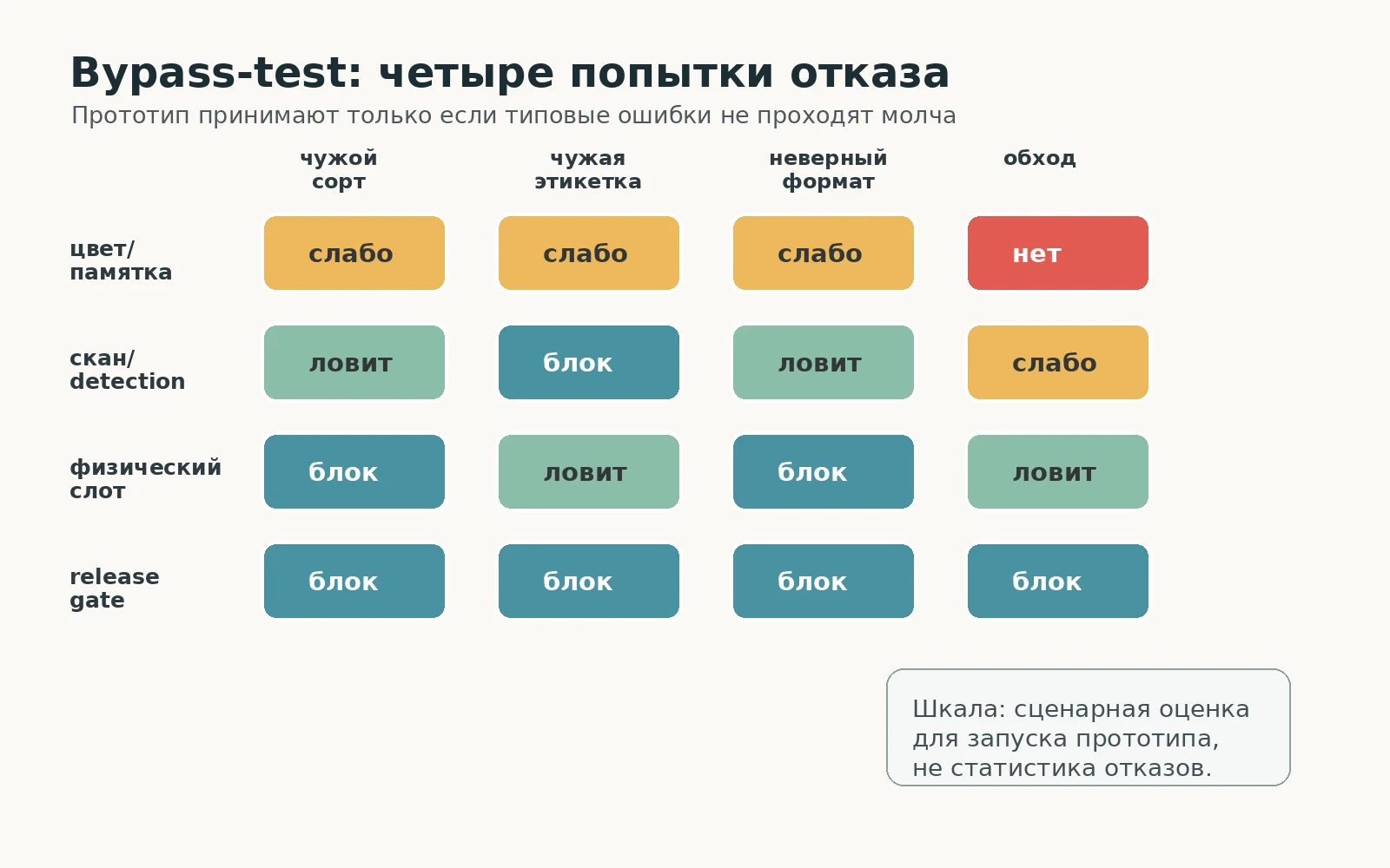 Матрица проверки poka-yoke на чужой сорт, чужую этикетку, неверный формат и обход
