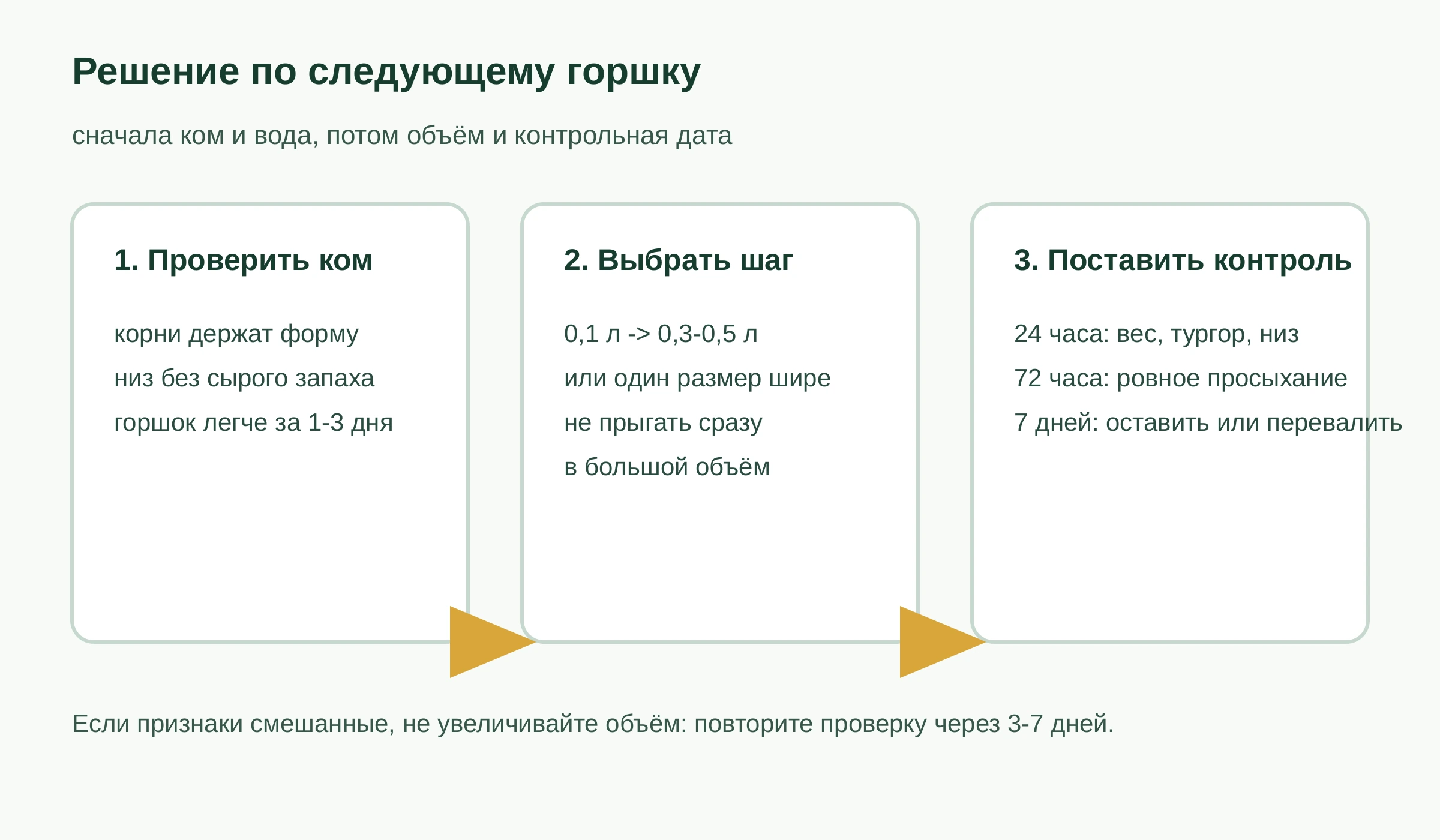 Схема решения: проверить корневой ком и просыхание, выбрать один шаг горшка, поставить контроль на 24 часа, 72 часа и 7 дней.