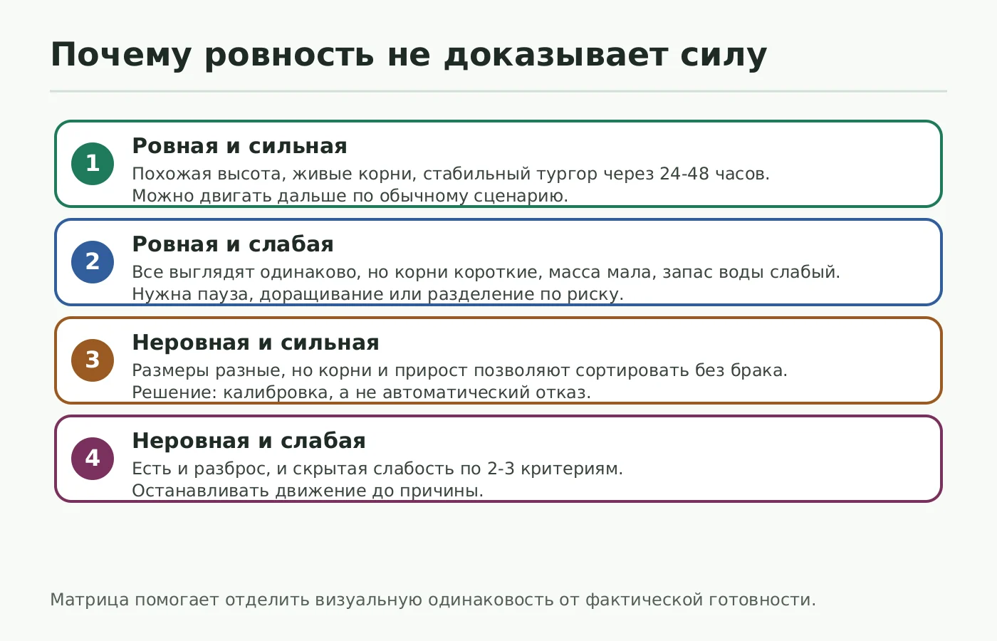 Матрица качества: ровная сильная, ровная слабая, неровная сильная и неровная слабая группа растений