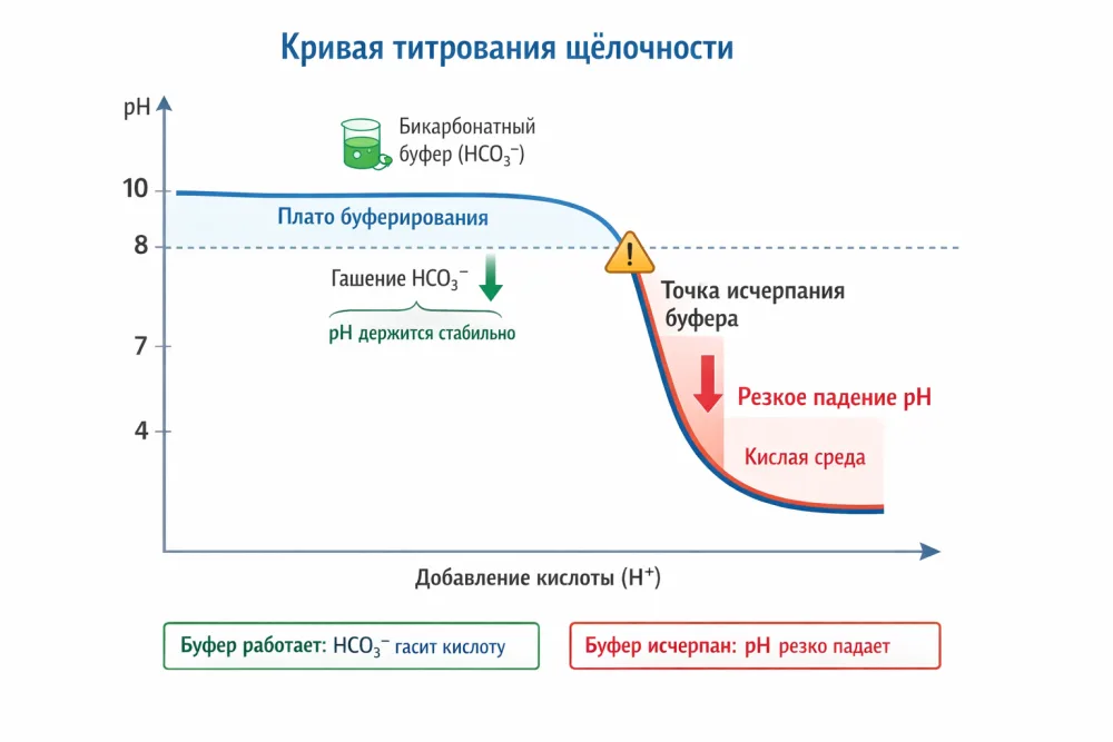 Кривая титрования щёлочности: pH воды держится стабильно, пока кислота гасит бикарбонатный буфер HCO₃⁻, и резко падает после исчерпания буфера