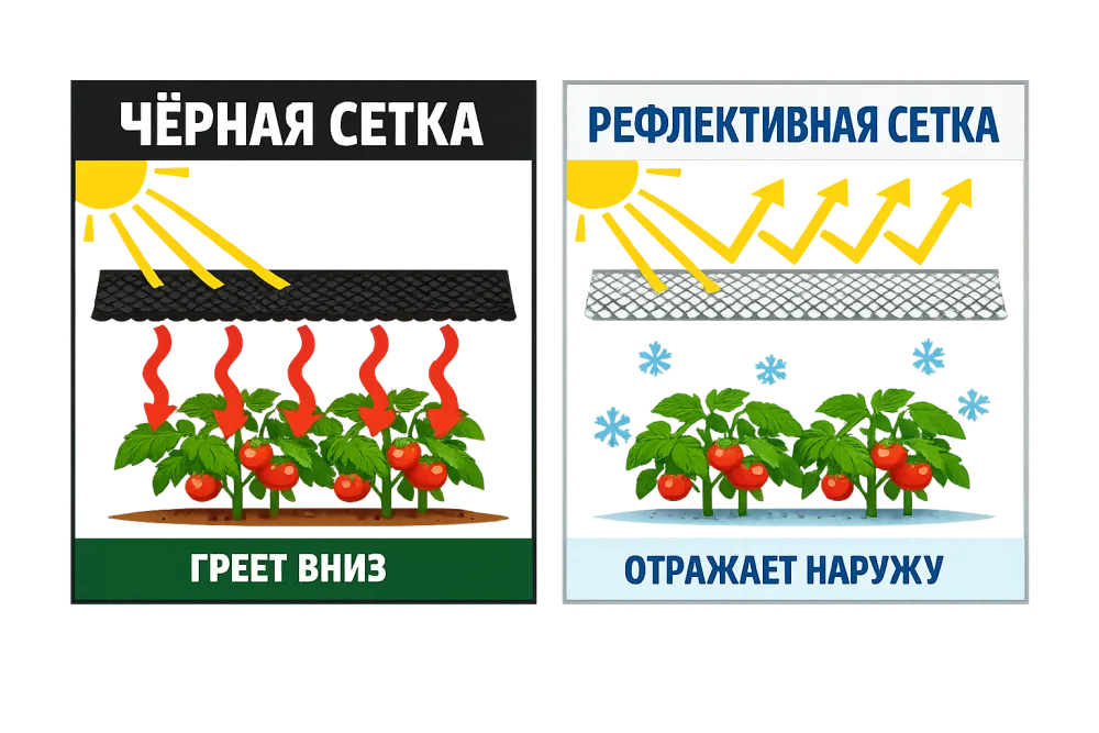 Схема: чёрная сетка поглощает свет и переизлучает тепло вниз к растениям, рефлективная сетка отражает поток наружу почти не нагреваясь