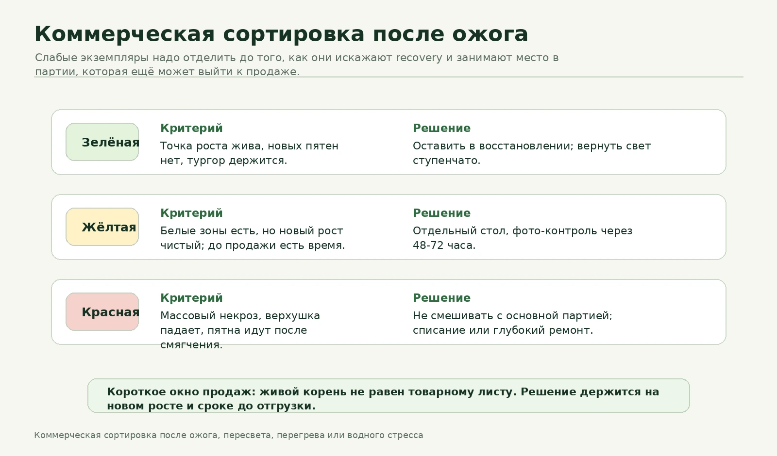 Схема сортировки партии после ожога на зелёную жёлтую и красную группы