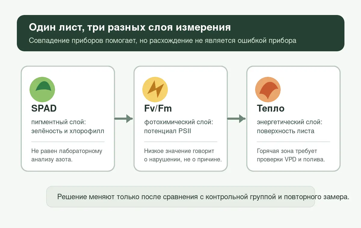 Схема трёх слоёв измерения: SPAD, Fv/Fm и тепловой сигнал листа