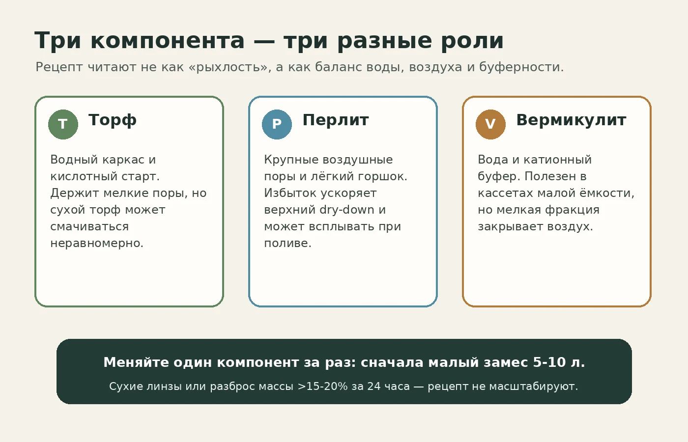 Схема ролей торфа, перлита и вермикулита в субстрате