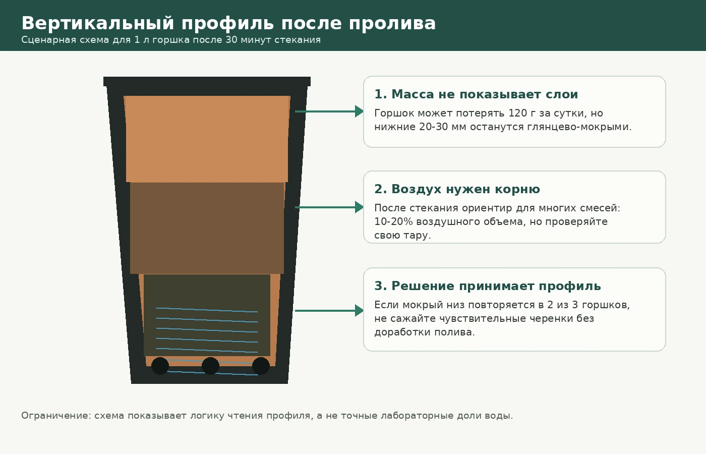 Схема вертикального профиля горшка после пролива: верх, влажная середина и мокрый низ после 30 минут стекания.