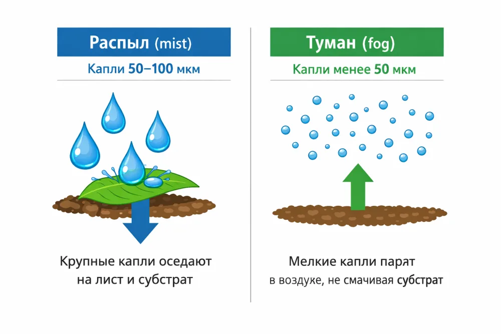 Размер капли распыла (mist) 50–100 мкм и тумана (fog) менее 50 мкм: поведение в воздухе и куда оседает