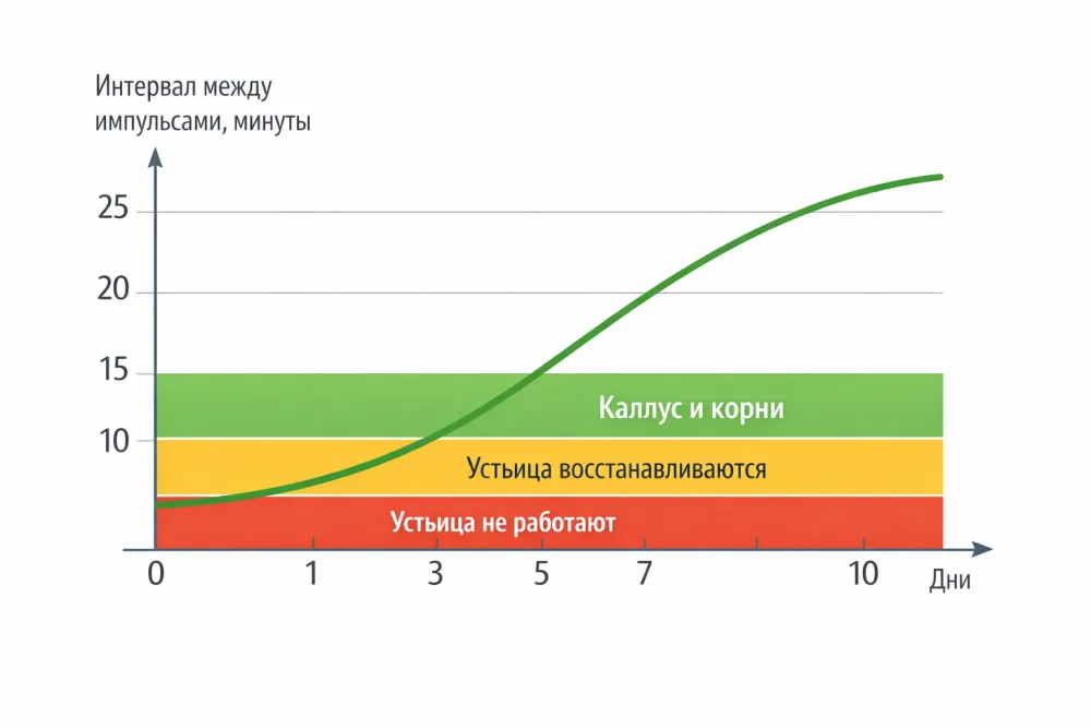 График снижения частоты распыла за 14 дней укоренения черенка: интервал между импульсами растёт от 6–8 до 20+ минут по мере восстановления устьичного контроля