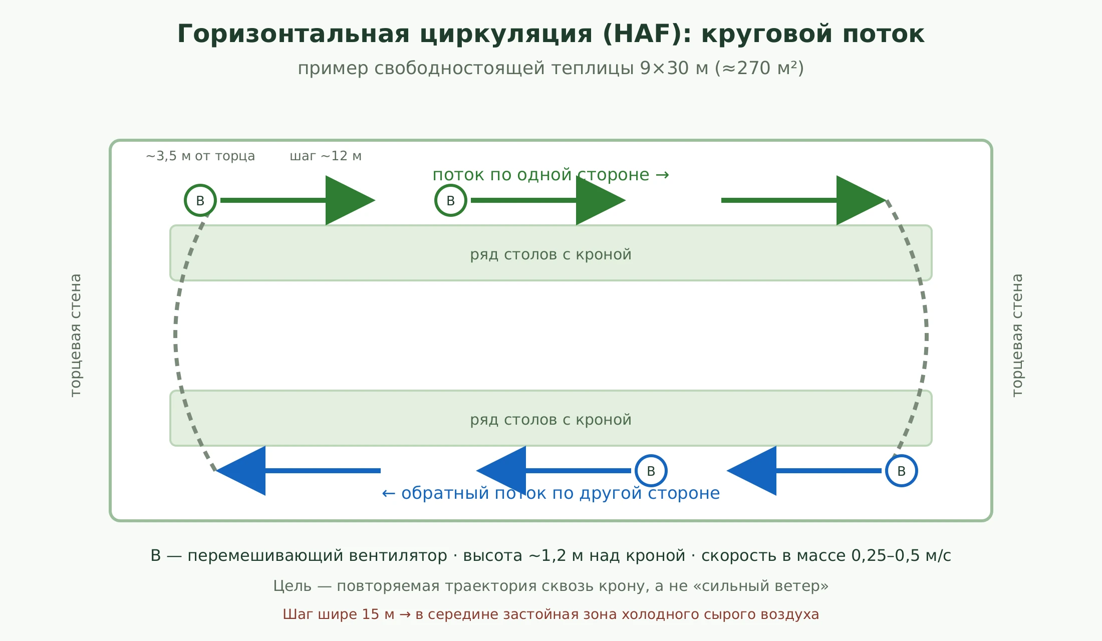 Схема горизонтальной циркуляции HAF в теплице 9 на 30 метров: воздух идёт по одной стороне в одну сторону и по другой обратно, формируя замкнутый круговой поток