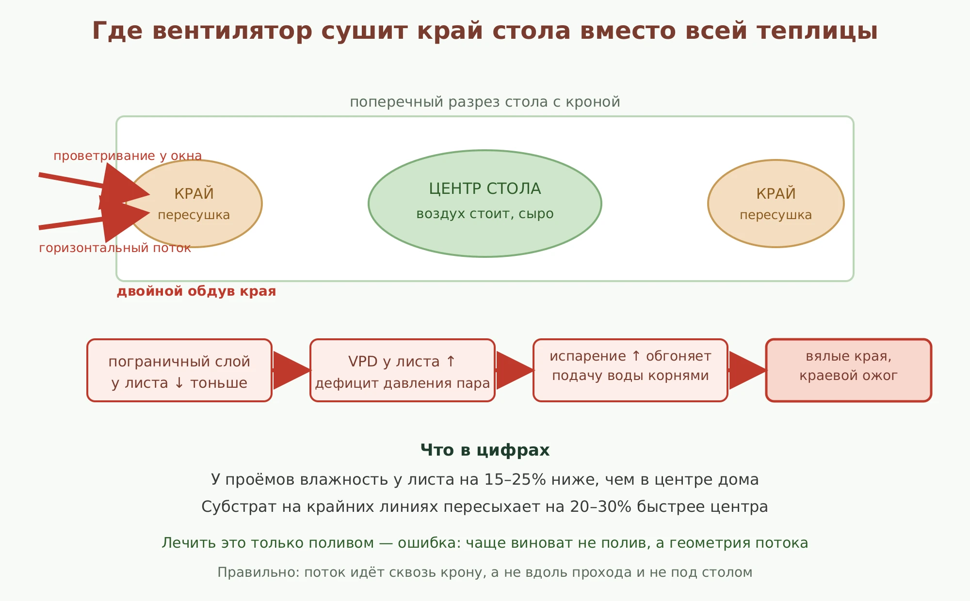Схема: у проёма край стола получает двойной обдув — проветривание плюс горизонтальный поток; пограничный слой у листа тоньше, VPD растёт, испарение обгоняет подачу воды корнями
